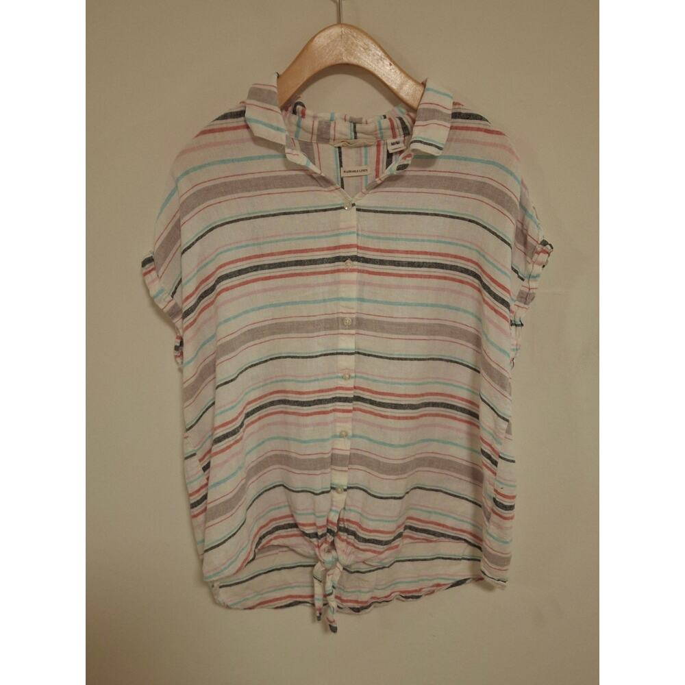 Weatherproof Vintage Striped Linen Blend Button-Up Shirt with Tie Front Size M